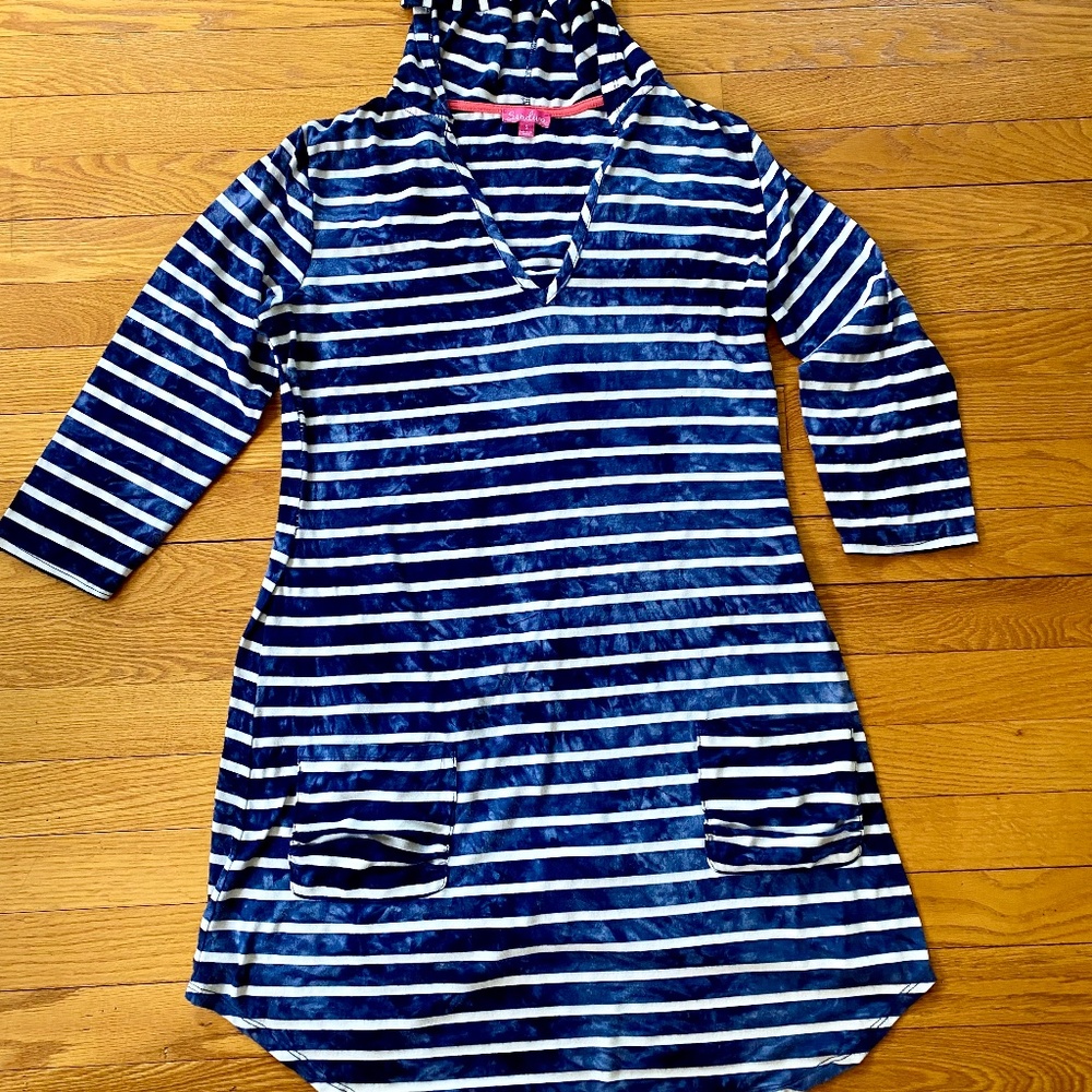 Blue and White Striped Swim Cover-up Hoodie, Small / Medium